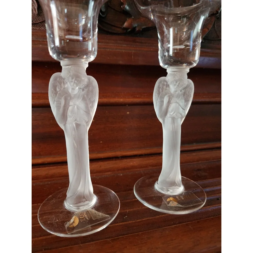 Schmid Folio Of France Hand Blown‎ Frosted Angel Candle Stick Set Of 2- Vintage